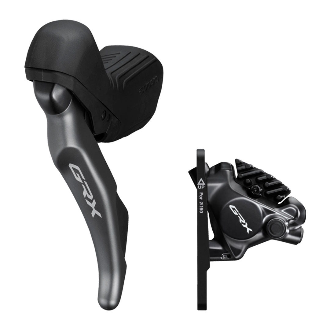 Product shot of the Shimano GRX ST-RX820 & BR-RX820 Shifter and Disc Brake Caliper Set.