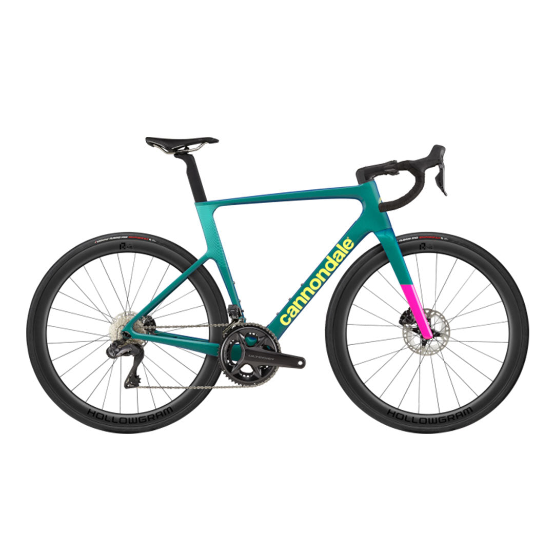 Side profile shot of the Cannondale SuperSix Evo 2 road bike in teal.