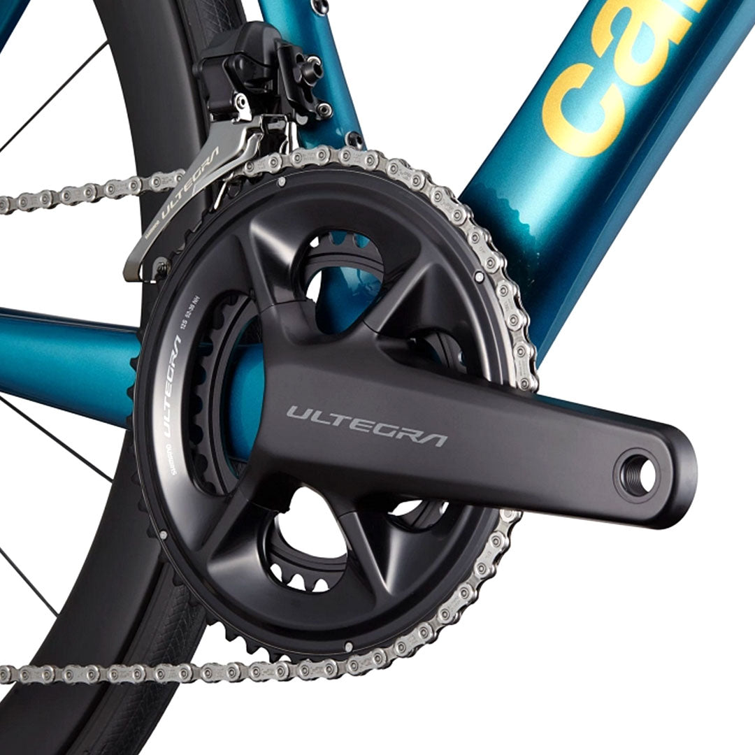 Close-up product shot of a Ultegra crank on a Cannondale SuperSix Evo 2 in teal.