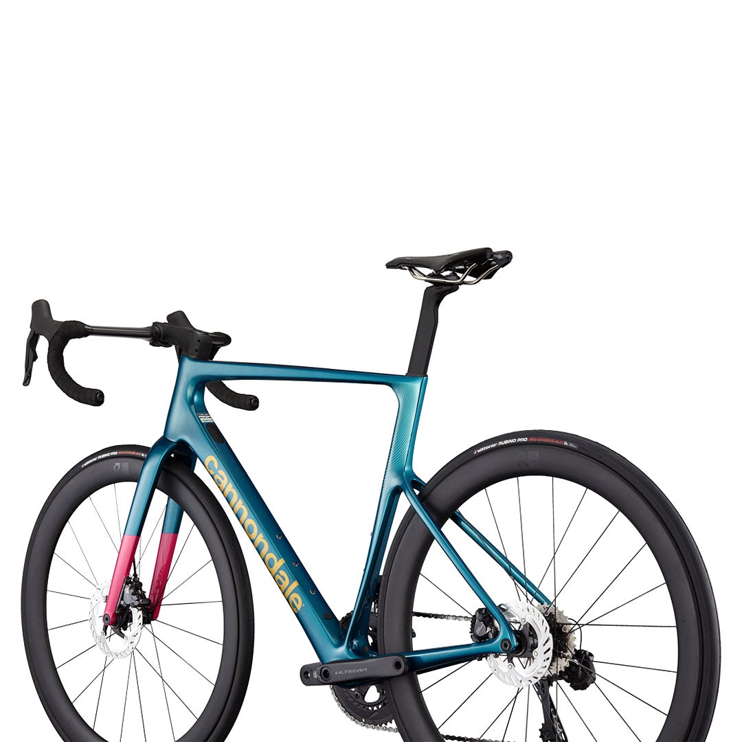 A side profile shot of the Cannondale SuperSix Evo 2 in teal.